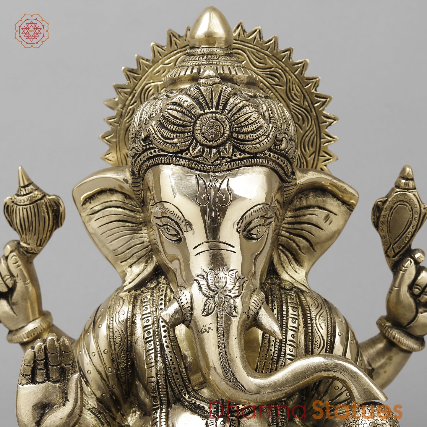 Brass Ganesh Seated With Ashtvinayak Ganesh carving on base, Fine Golden Finish, 13.5"