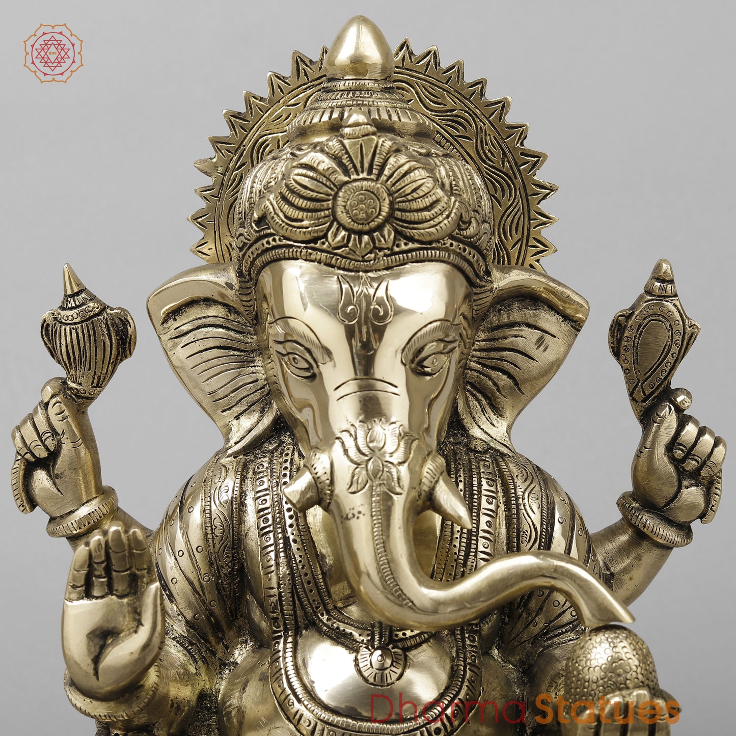 Brass Ganesh Seated With Ashtvinayak Ganesh carving on base, Fine Golden Finish, 13.5"