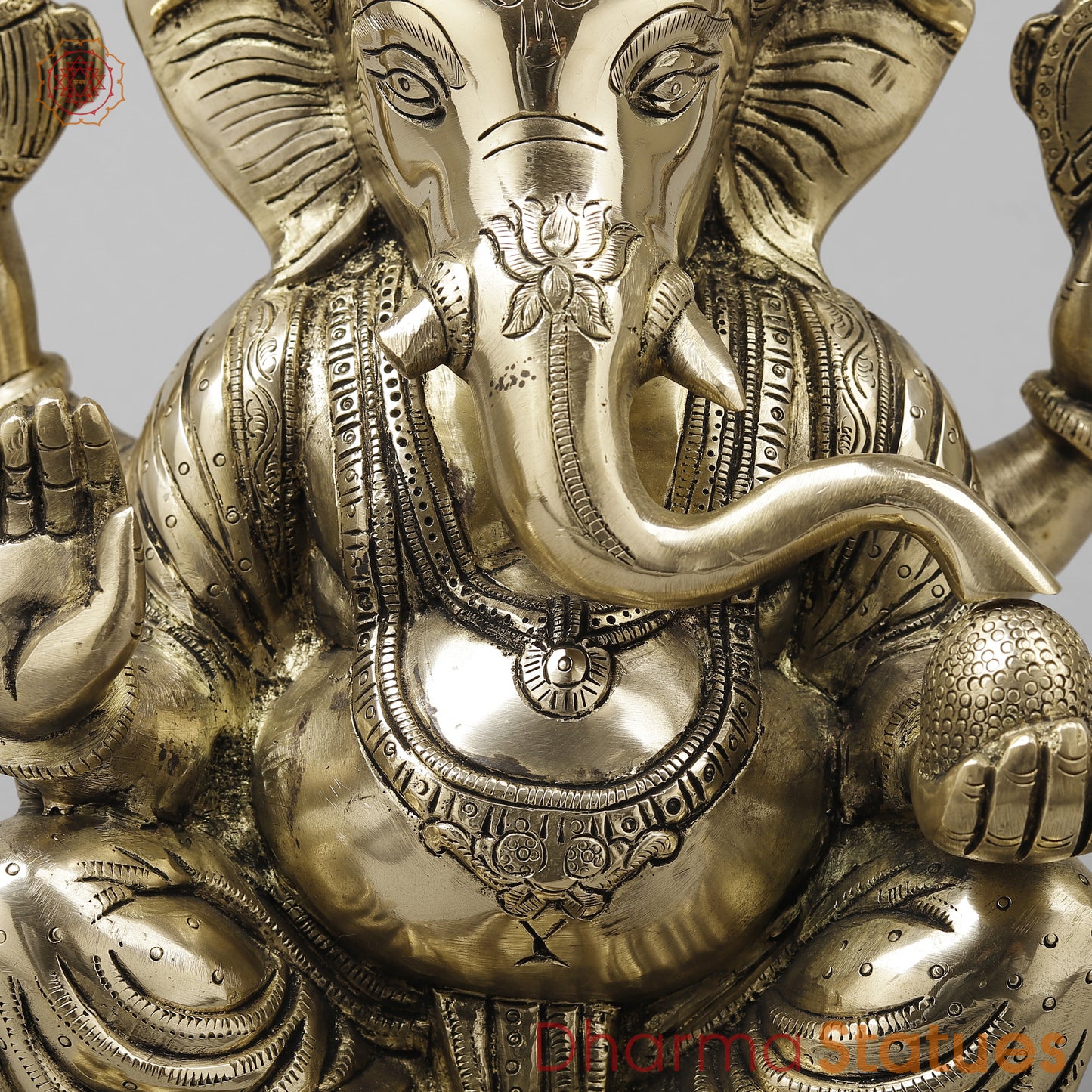 Brass Ganesh Seated With Ashtvinayak Ganesh carving on base, Fine Golden Finish, 13.5"