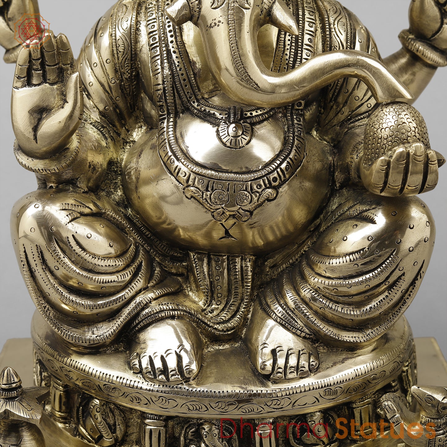 Brass Ganesh Seated With Ashtvinayak Ganesh carving on base, Fine Golden Finish, 13.5"