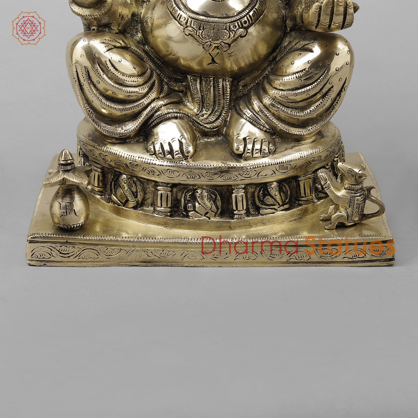 Brass Ganesh Seated With Ashtvinayak Ganesh carving on base, Fine Golden Finish, 13.5"