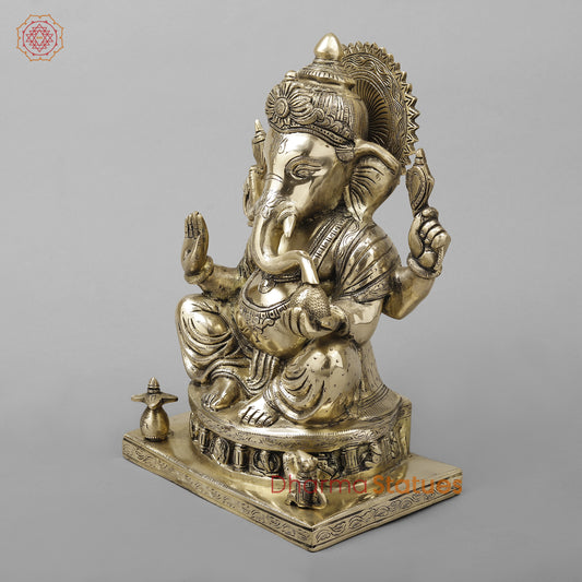 Brass Ganesh Seated With Ashtvinayak Ganesh carving on base, Fine Golden Finish, 13.5"