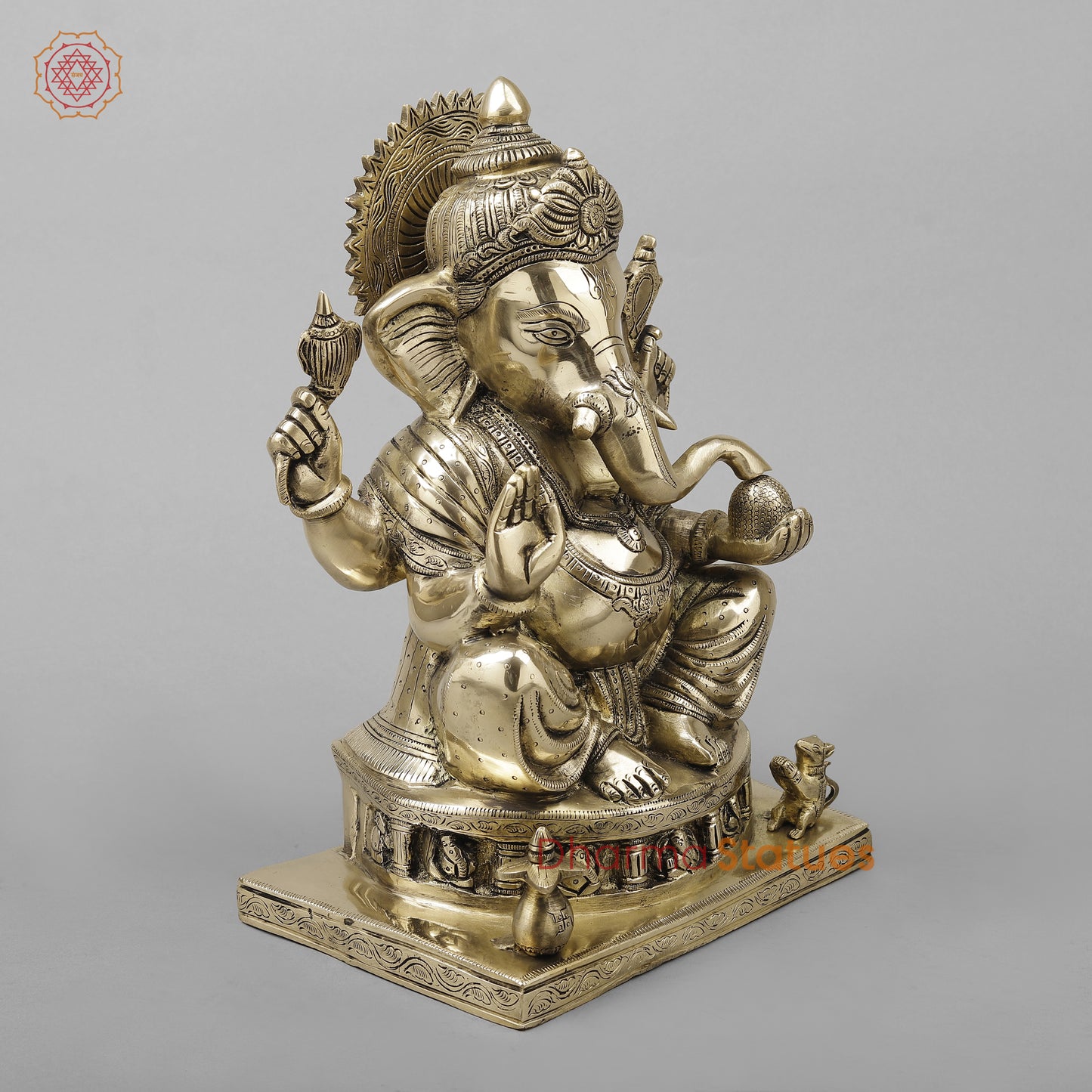 Brass Ganesh Seated With Ashtvinayak Ganesh carving on base, Fine Golden Finish, 13.5"