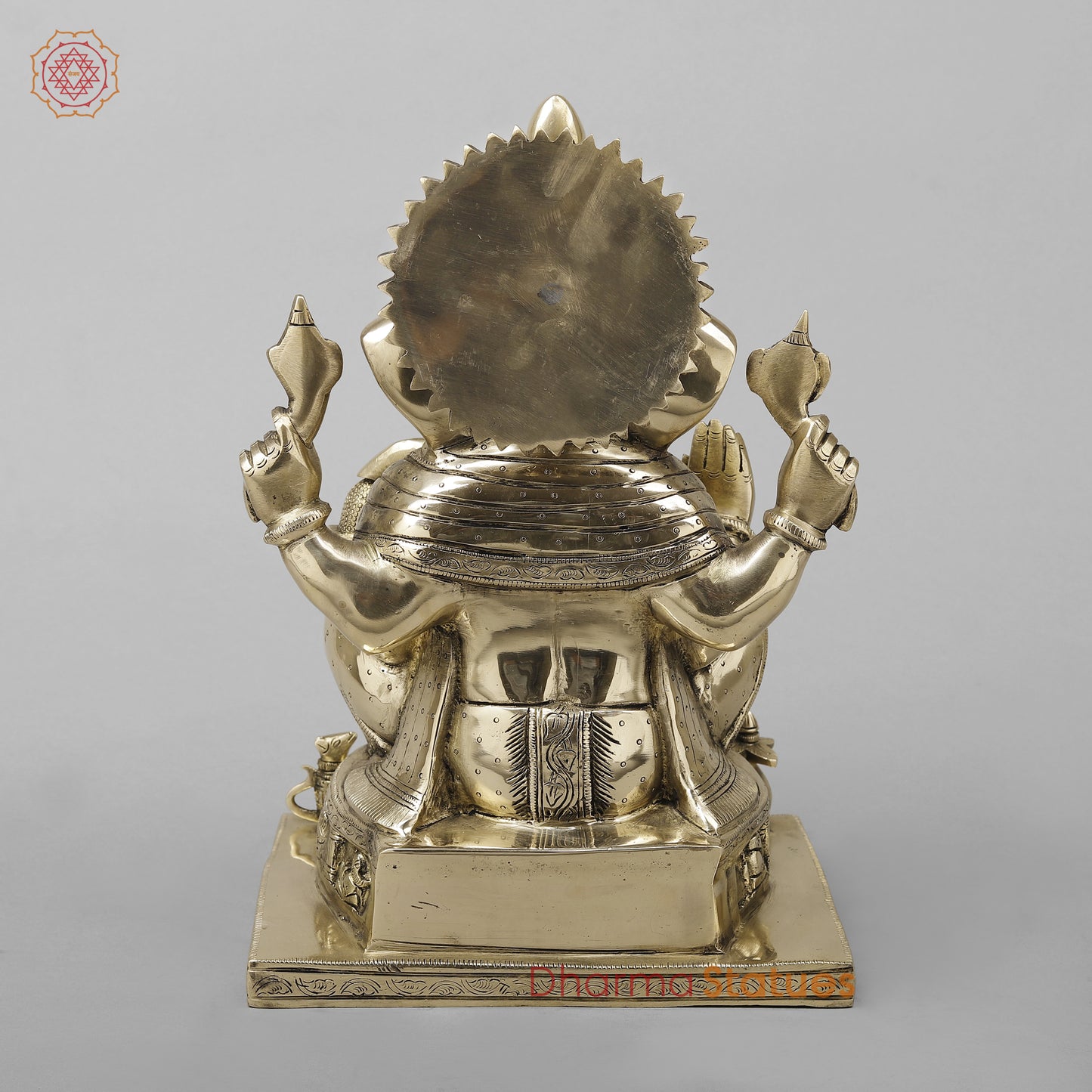 Brass Ganesh Seated With Ashtvinayak Ganesh carving on base, Fine Golden Finish, 13.5"