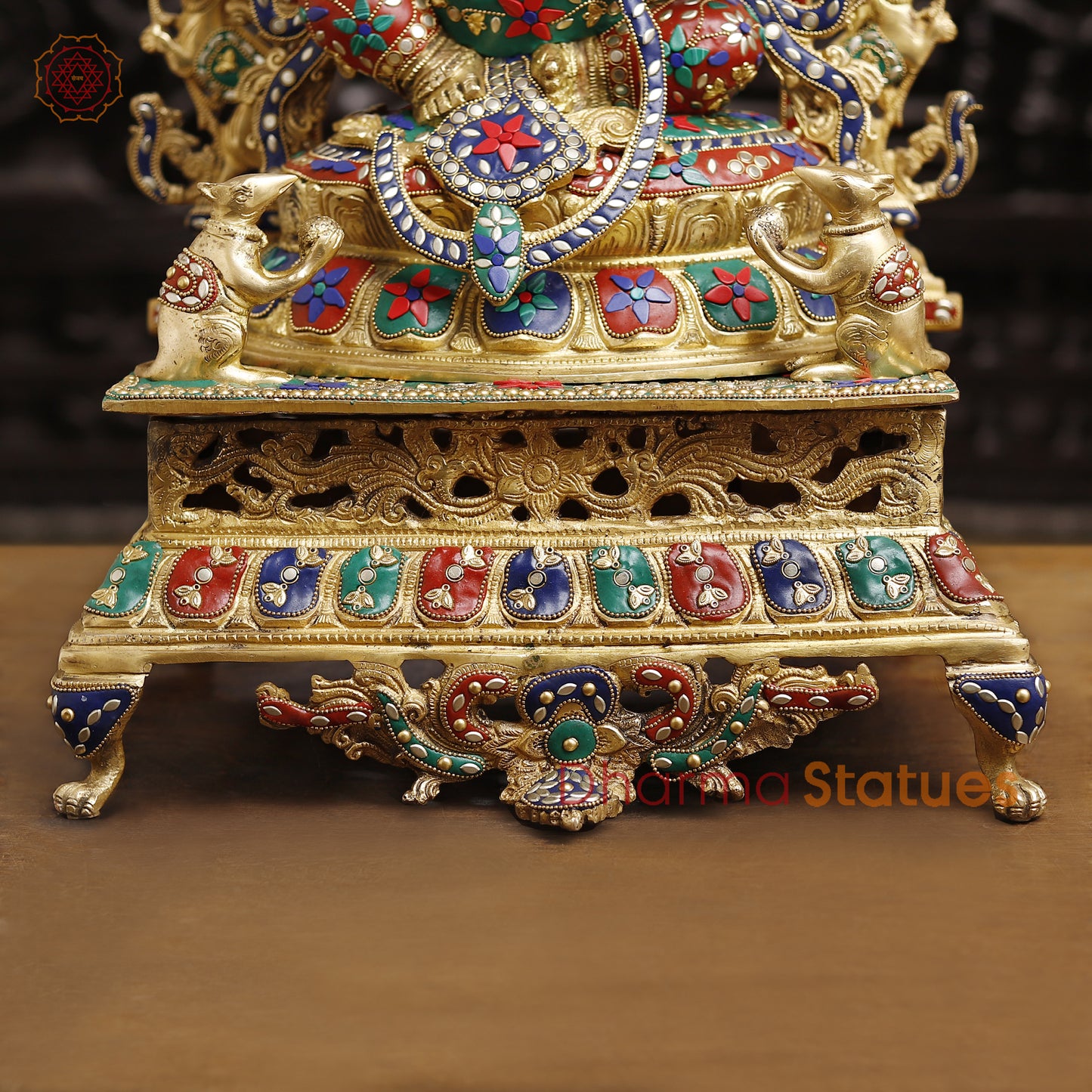 Brass Ganesh Sitting On Throne With yaali Frame, Stone Work 28"
