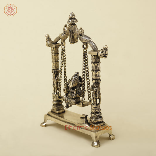 Brass Ganesh On Swing, Golden Finish, 12"