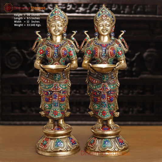 Brass Deep Lady Standing With Stone Work 30" Front View