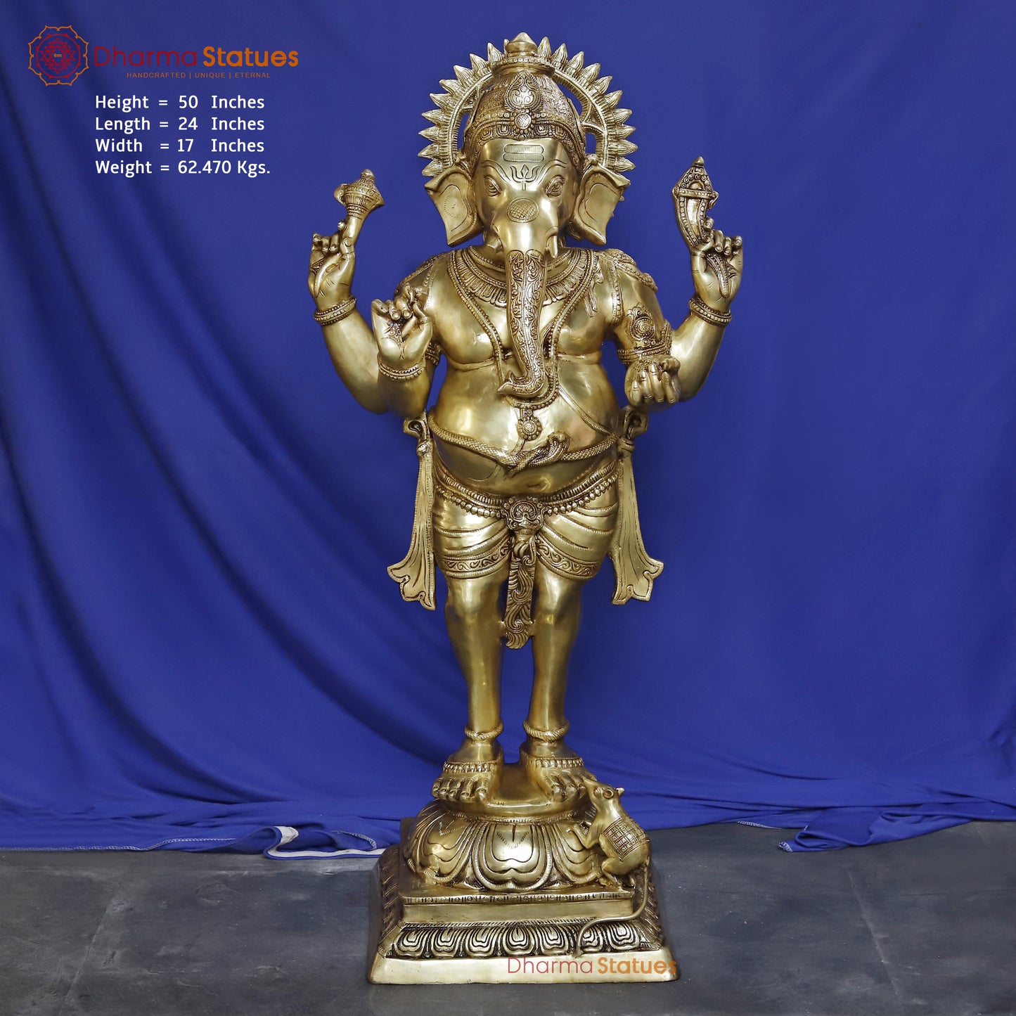 Brass Ganesh Standing, Smooth Golden Finish, 50"