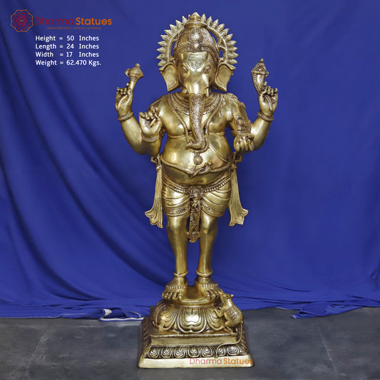 Brass Ganesh Standing, Smooth Golden Finish, 50"