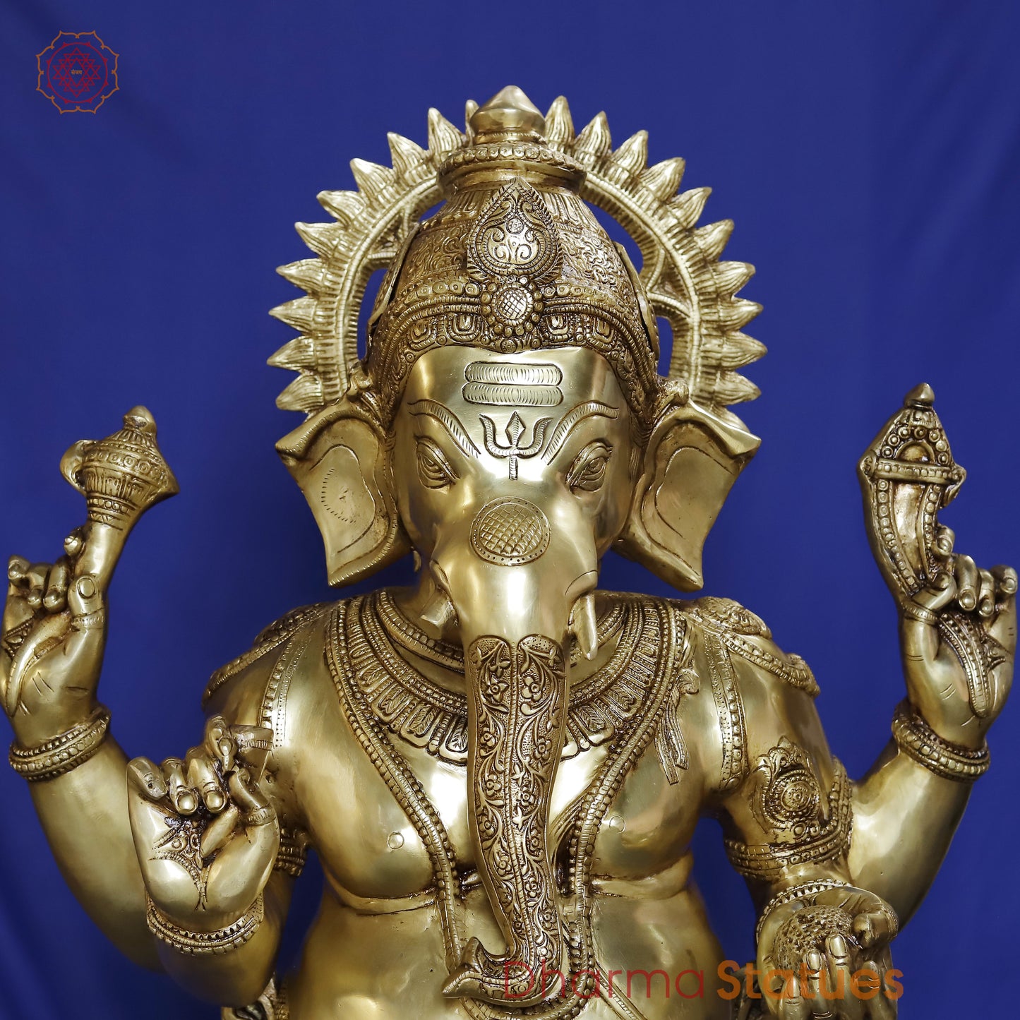 Brass Ganesh Standing, Smooth Golden Finish, 50"