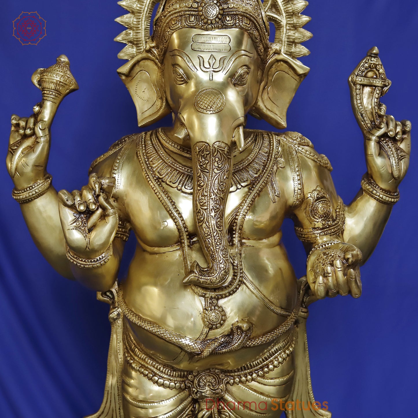 Brass Ganesh Standing, Smooth Golden Finish, 50"