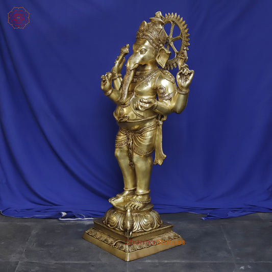 Brass Ganesh Standing, Smooth Golden Finish, 50"