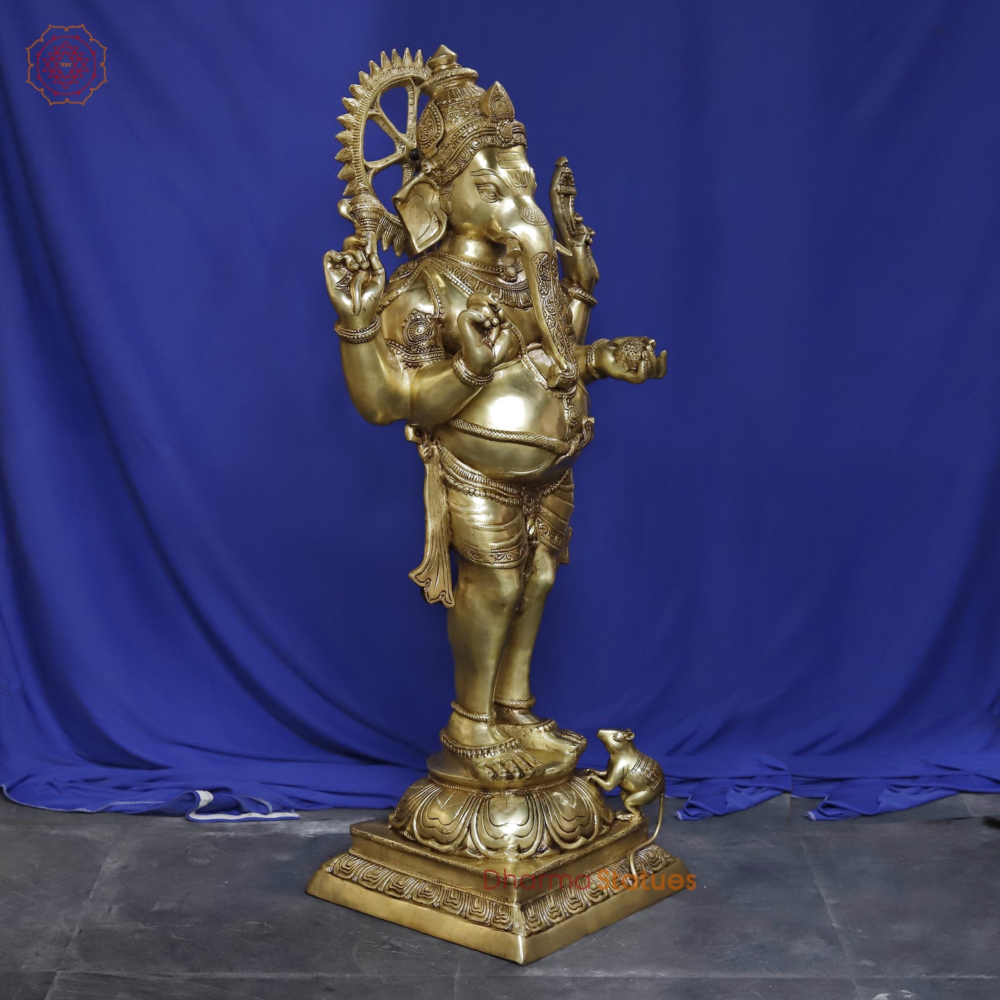 Brass Ganesh Standing, Smooth Golden Finish, 50"