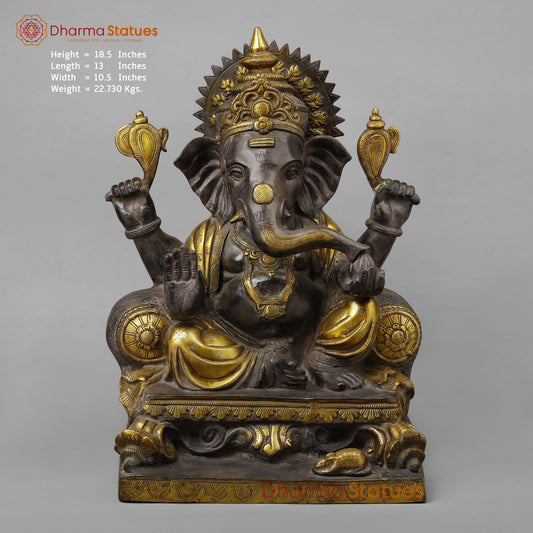 Brass Ganesh Seated in Blessing Posture, Antique & Golden Finish, 18.5"