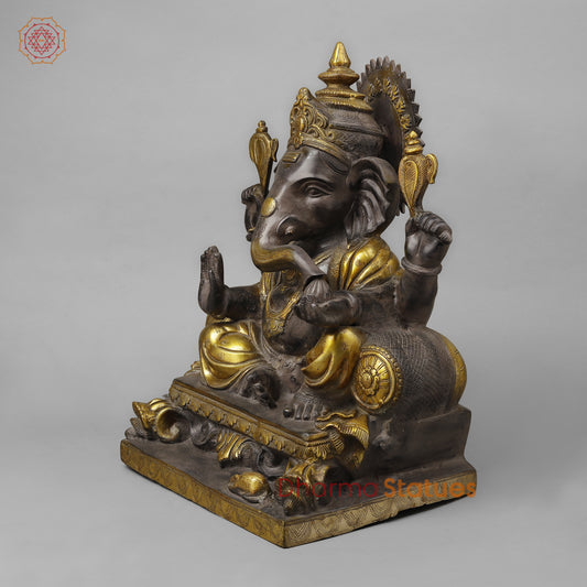Brass Ganesh Seated in Blessing Posture, Antique & Golden Finish, 18.5"