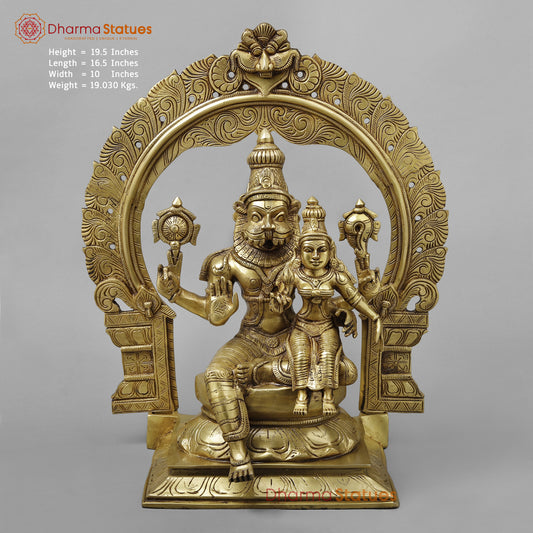 Brass Narasimha with Lakshmi, Golden Finish, 19.5"
