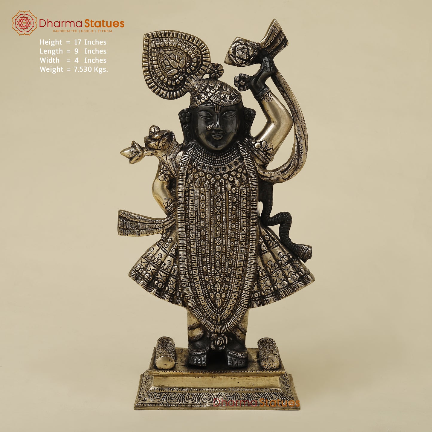 Brass Krishna as Shrinath Ji, Black & Gold Finish, 17"