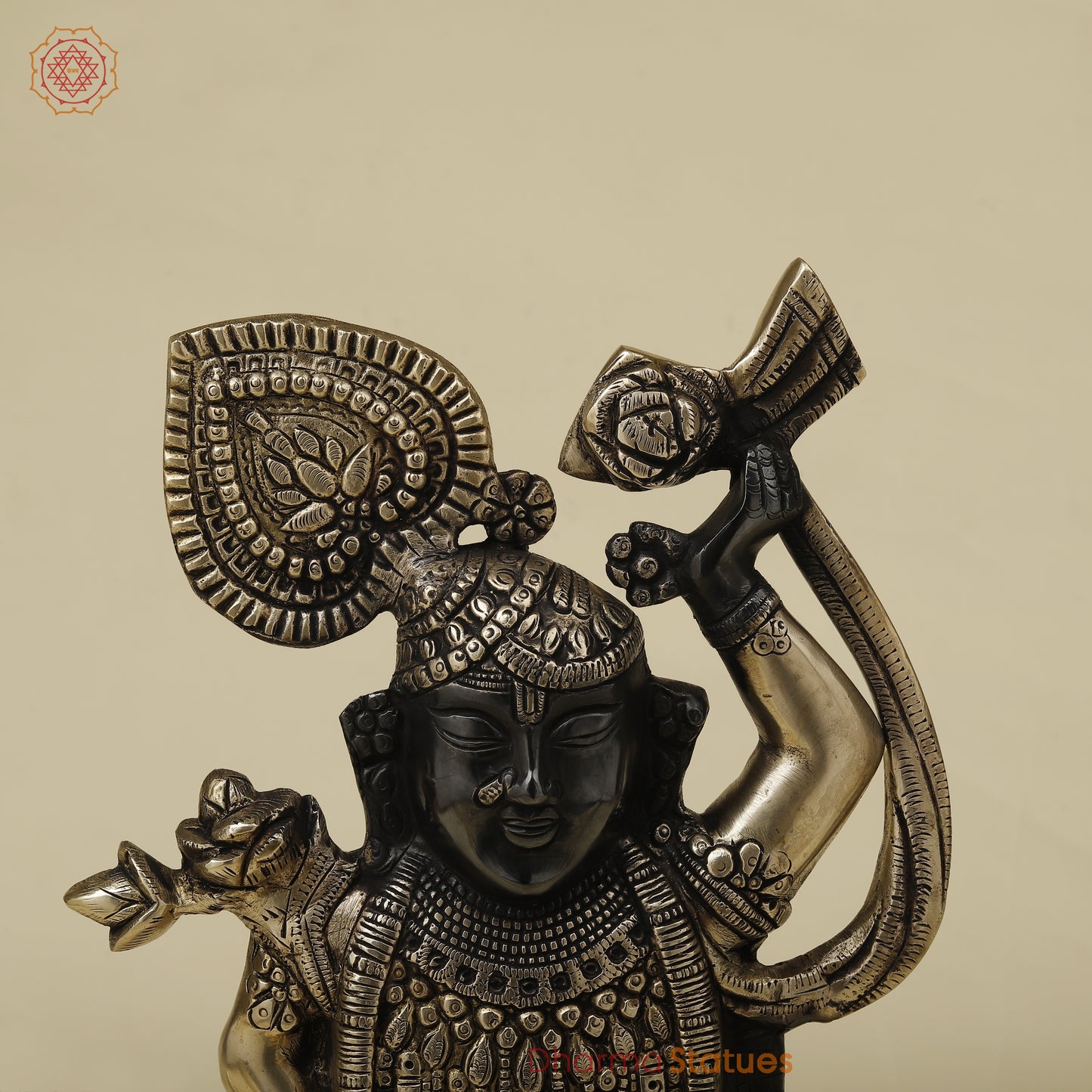 Brass Krishna as Shrinath Ji, Black & Gold Finish, 17"