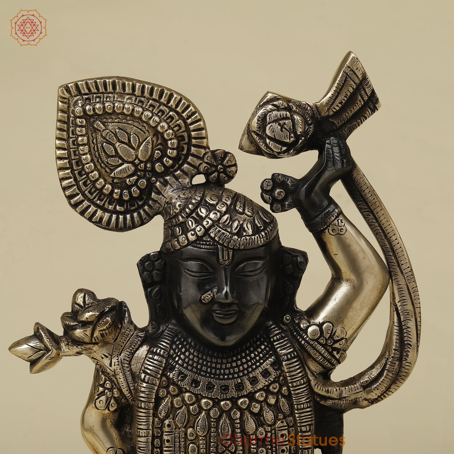 Brass Krishna as Shrinath Ji, Black & Gold Finish, 17"