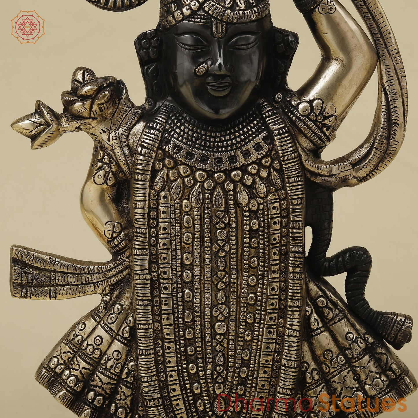 Brass Krishna as Shrinath Ji, Black & Gold Finish, 17"