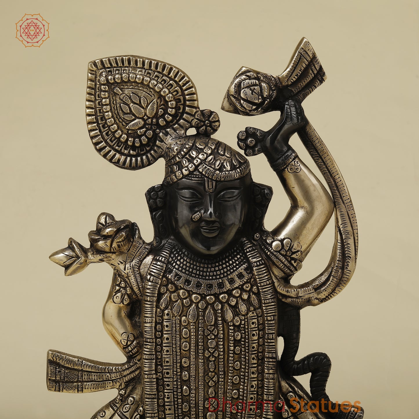 Brass Krishna as Shrinath Ji, Black & Gold Finish, 17"