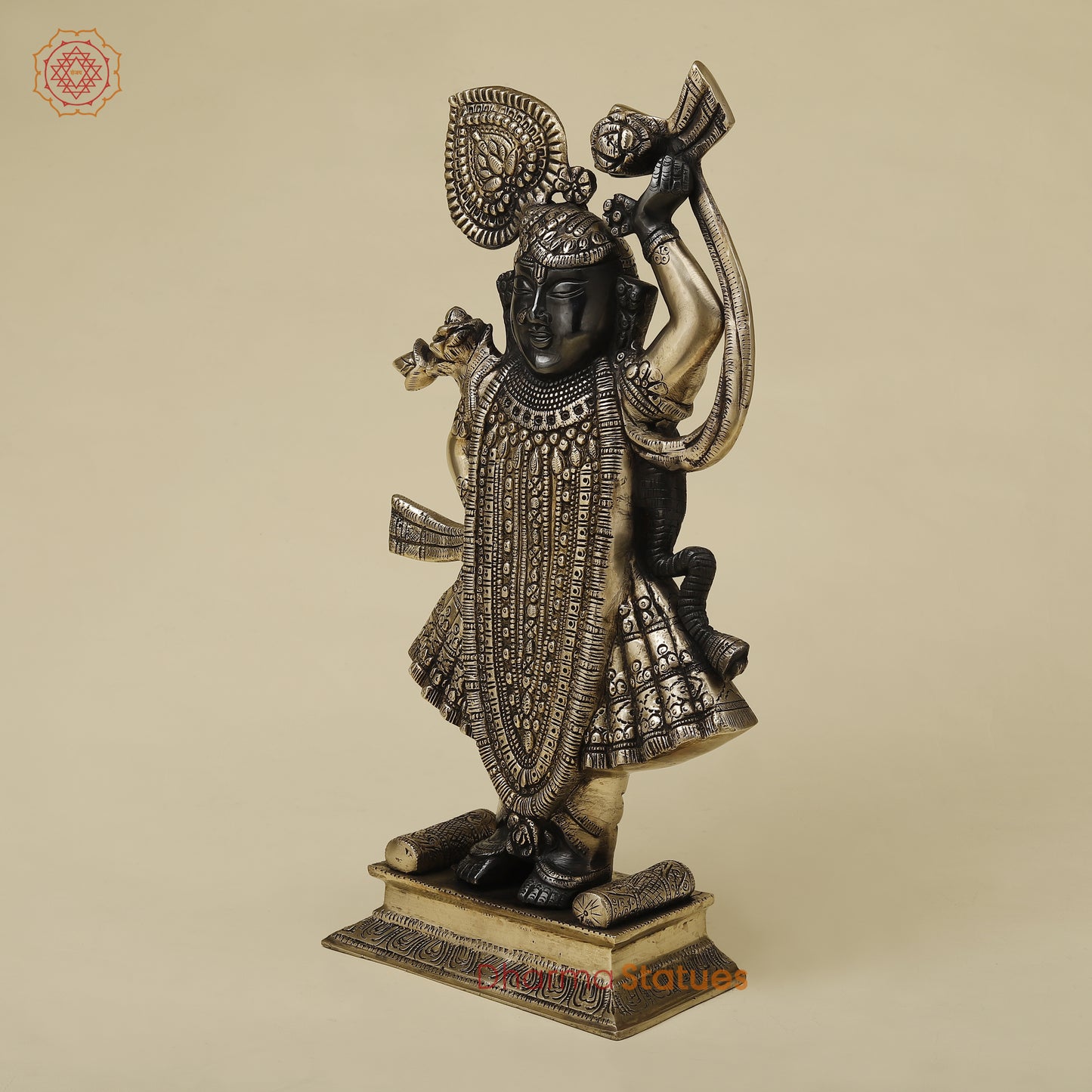 Brass Krishna as Shrinath Ji, Black & Gold Finish, 17"