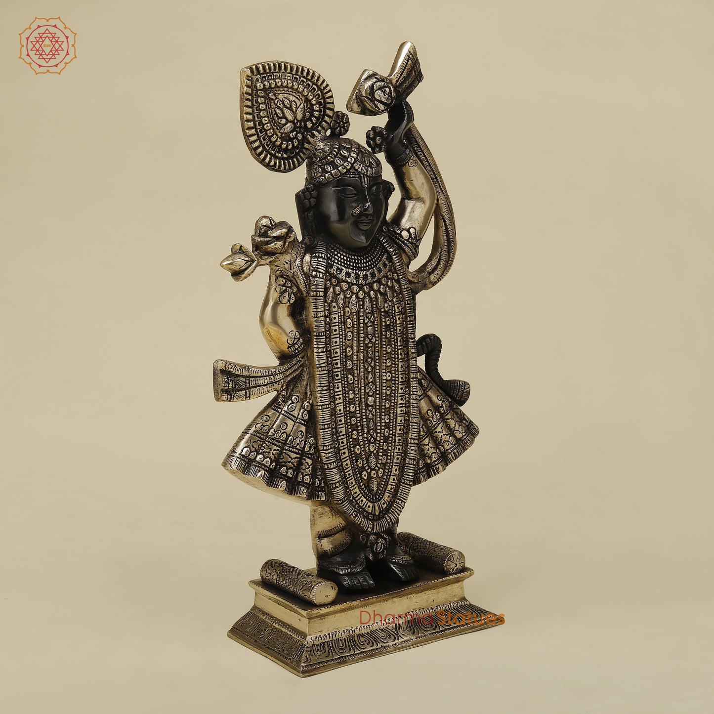 Brass Krishna as Shrinath Ji, Black & Gold Finish, 17"