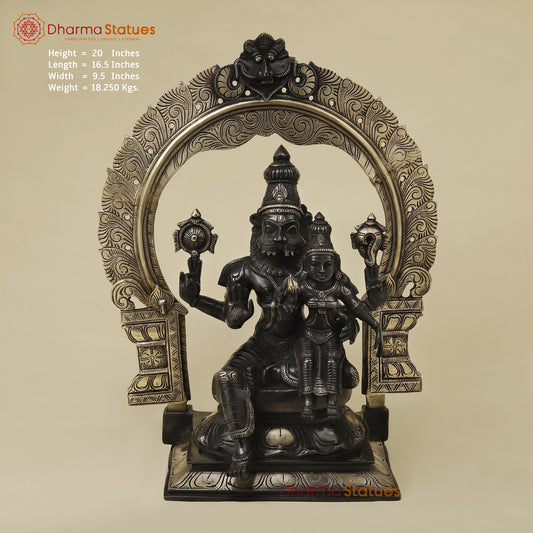 Brass Narasimha Idol with Lakshmi, Black Patina & Golden Finish, 20"