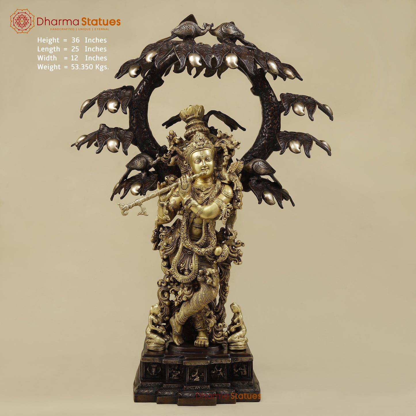 Brass Krishna Playing Flute under Tree, Copper & Golden Finish, 36"
