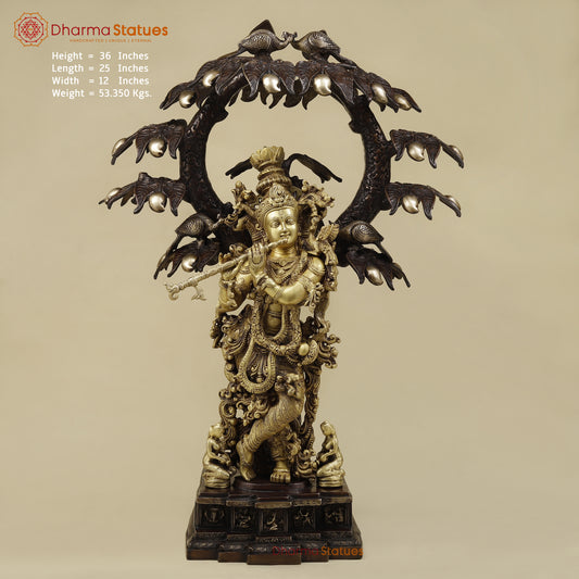 Brass Krishna Playing Flute under Tree, Copper & Golden Finish, 36"