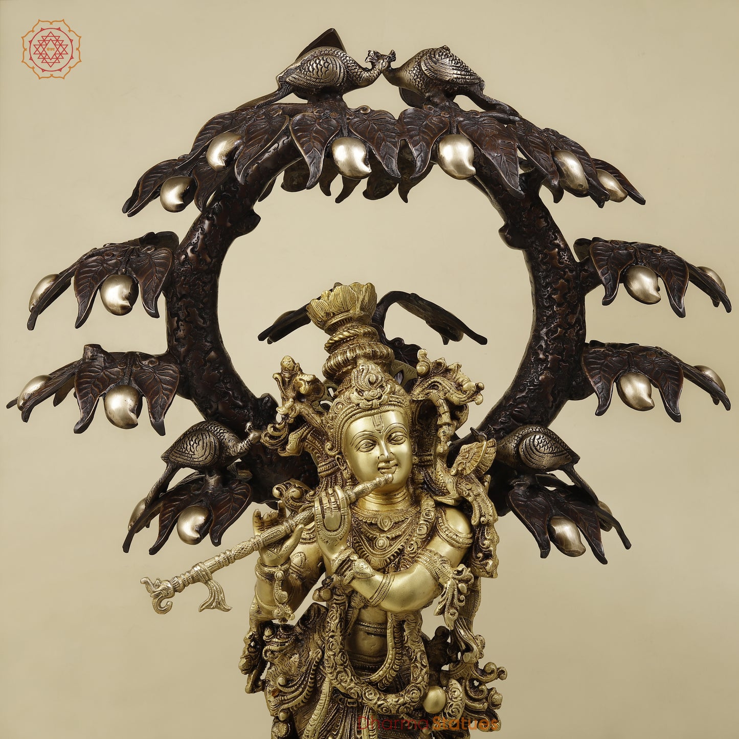 Brass Krishna Playing Flute under Tree, Copper & Golden Finish, 36"