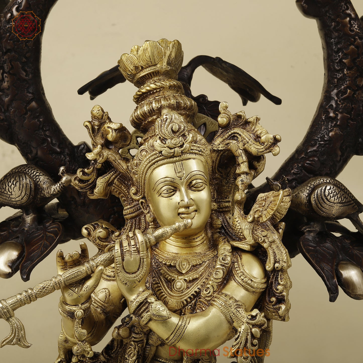 Brass Krishna Playing Flute under Tree, Copper & Golden Finish, 36"