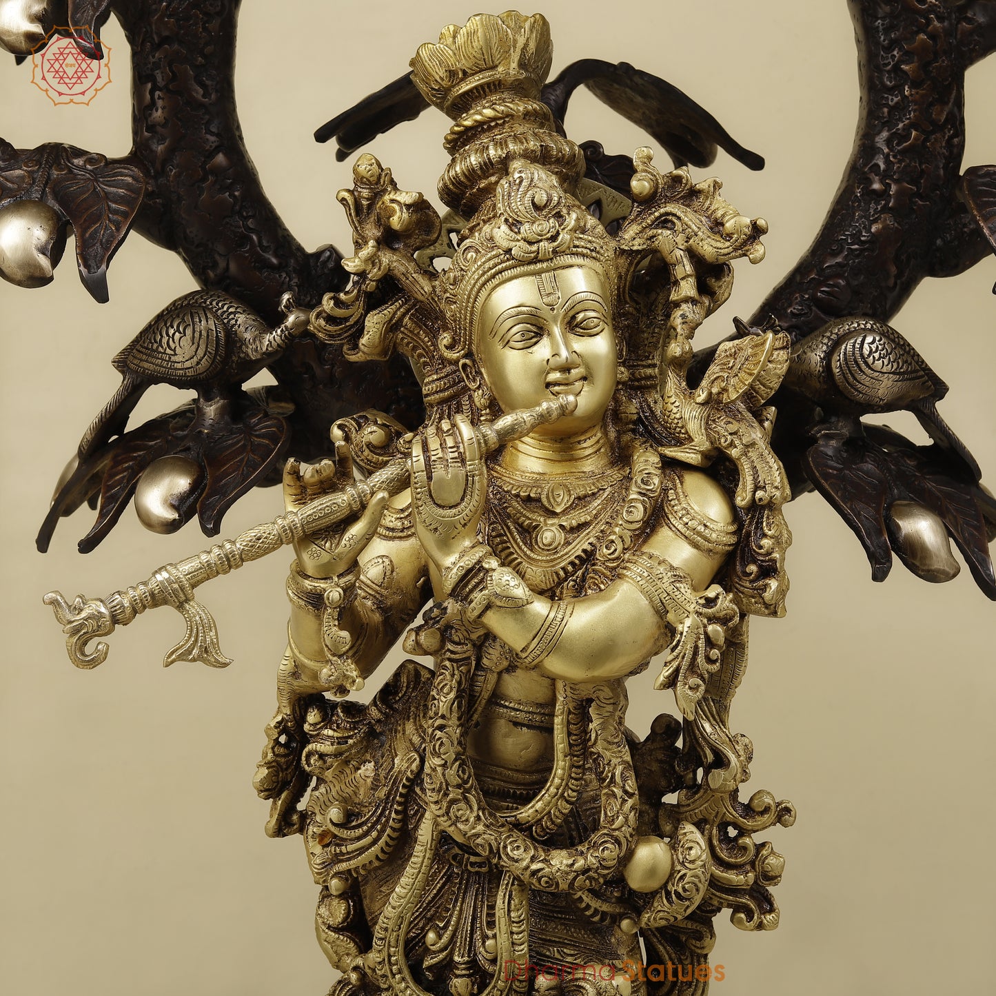 Brass Krishna Playing Flute under Tree, Copper & Golden Finish, 36"