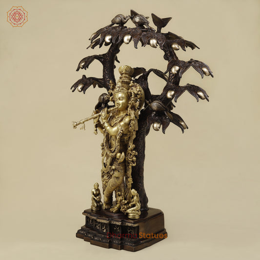 Brass Krishna Playing Flute under Tree, Copper & Golden Finish, 36"