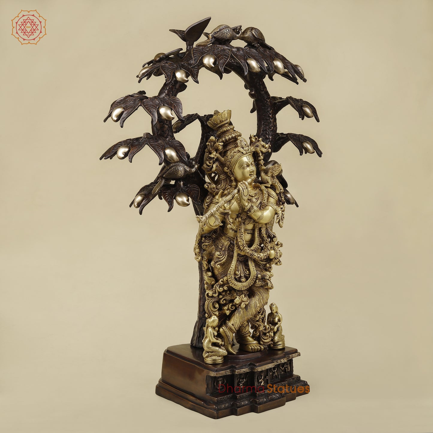 Brass Krishna Playing Flute under Tree, Copper & Golden Finish, 36"