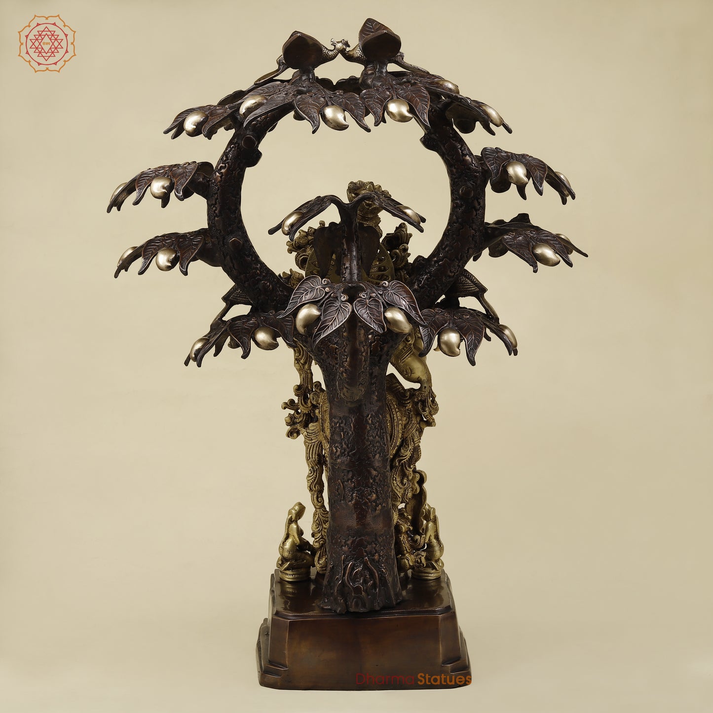 Brass Krishna Playing Flute under Tree, Copper & Golden Finish, 36"