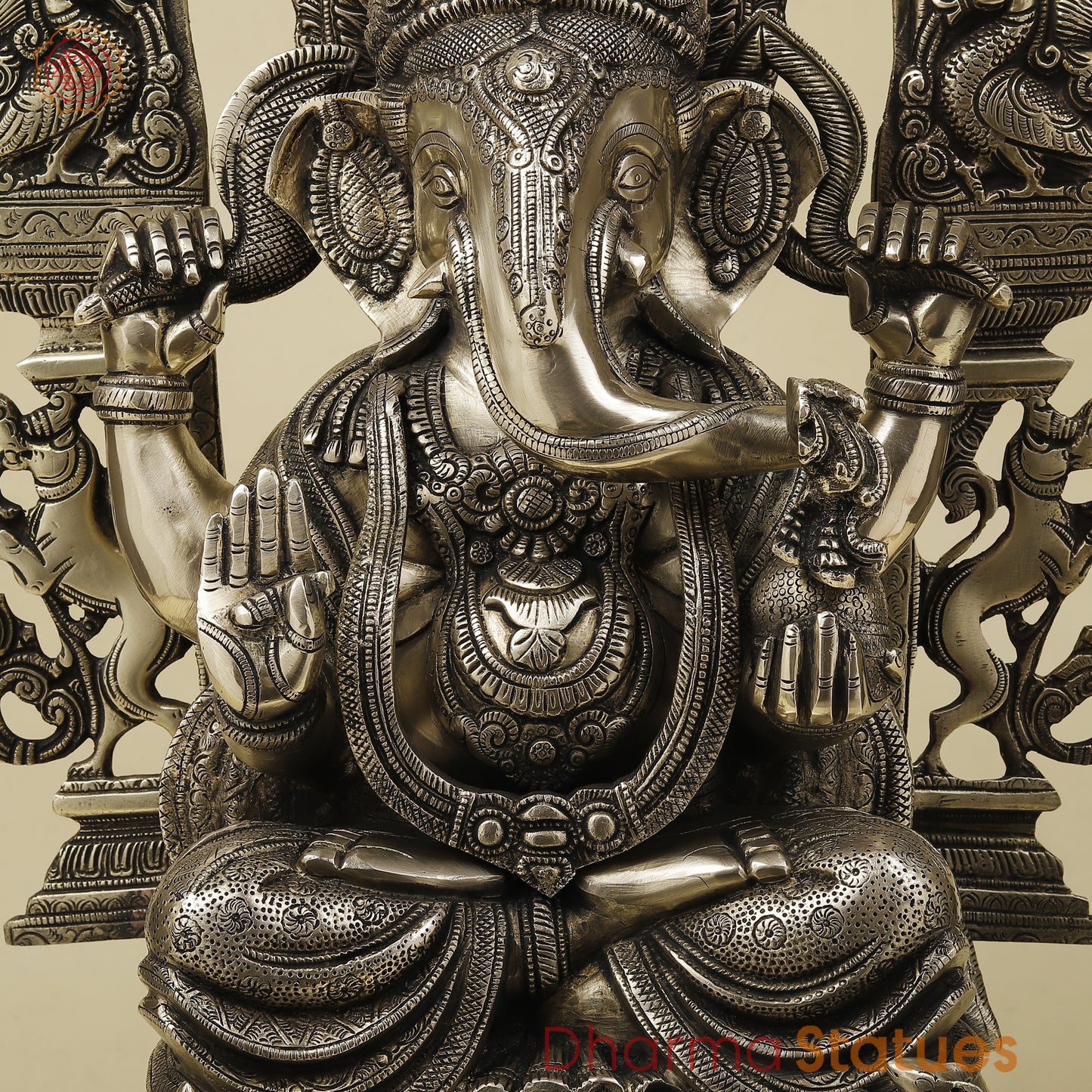 Brass Ganesh seated with Frame, Golden Finish, 29"