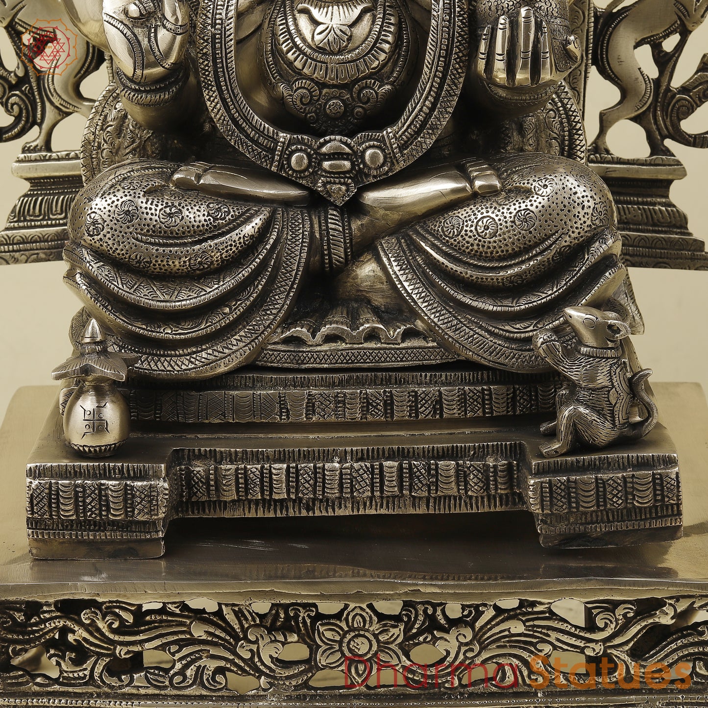 Brass Ganesh seated with Frame, Golden Finish, 29"