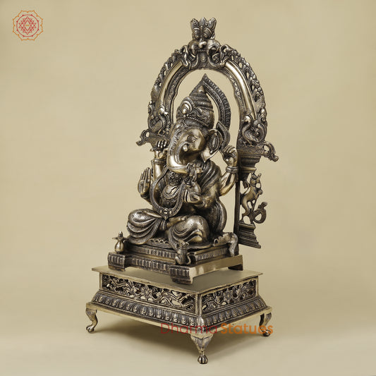 Brass Ganesh seated with Frame, Golden Finish, 29"