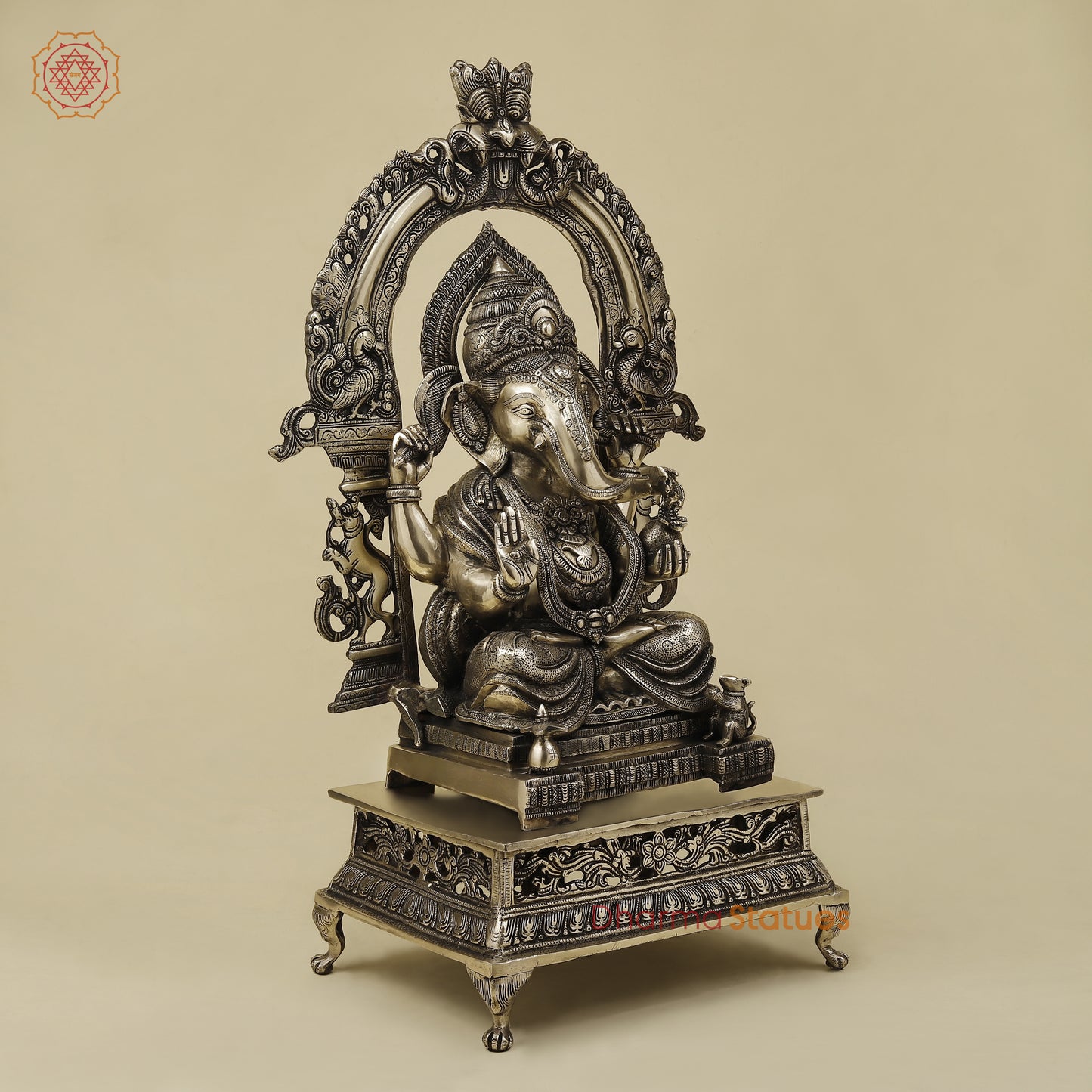 Brass Ganesh seated with Frame, Golden Finish, 29"
