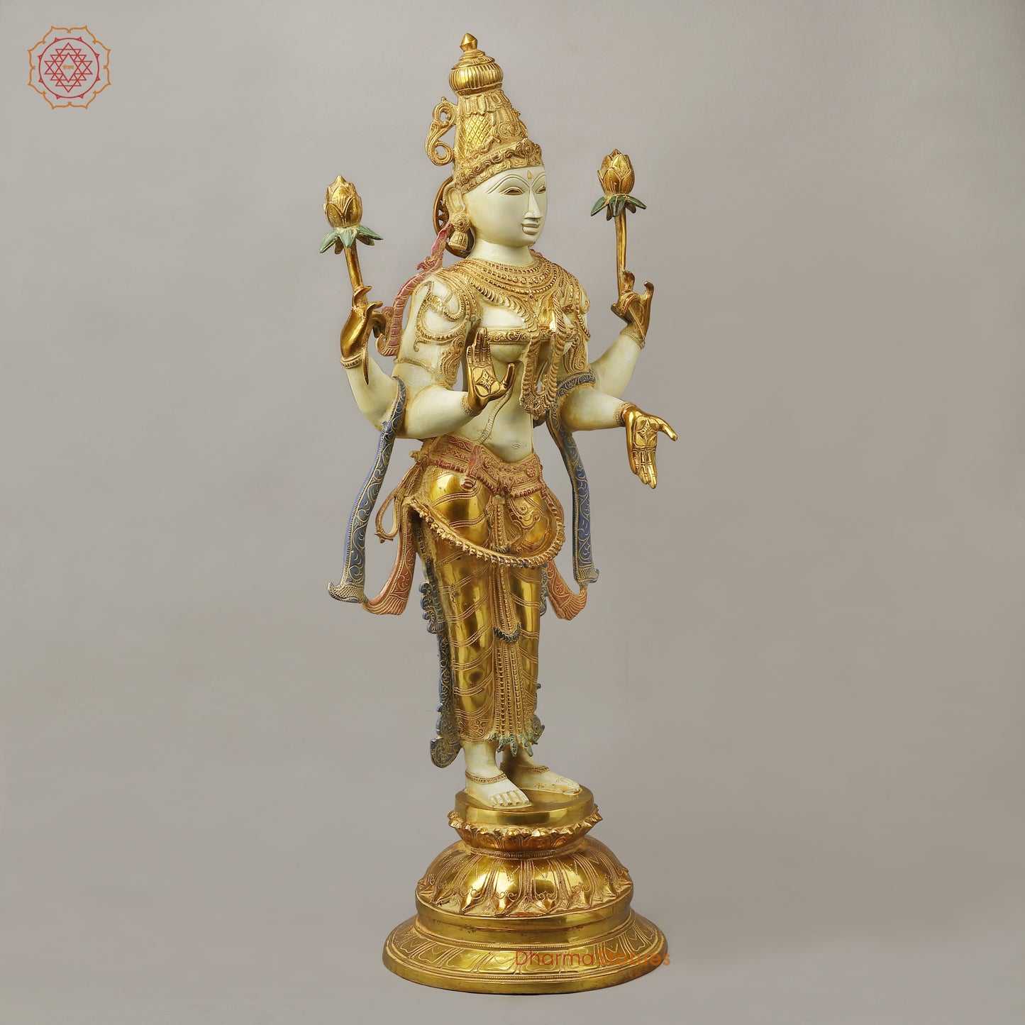 Brass Lakshmi standing on Lotus Pedestal, Multi-Color Finish, 40"