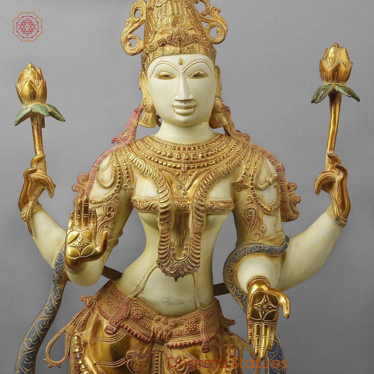 Brass Lakshmi standing on Lotus Pedestal, Multi-Color Finish, 40"