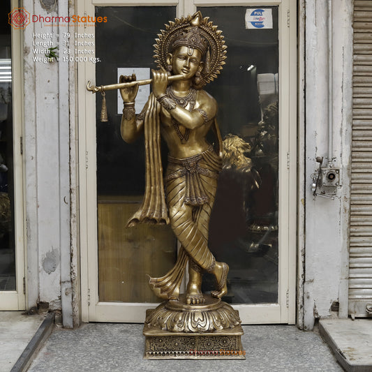 Brass Krishna Playing Flute, Golden Finish, 79"