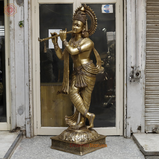 Brass Krishna Playing Flute, Golden Finish, 79"