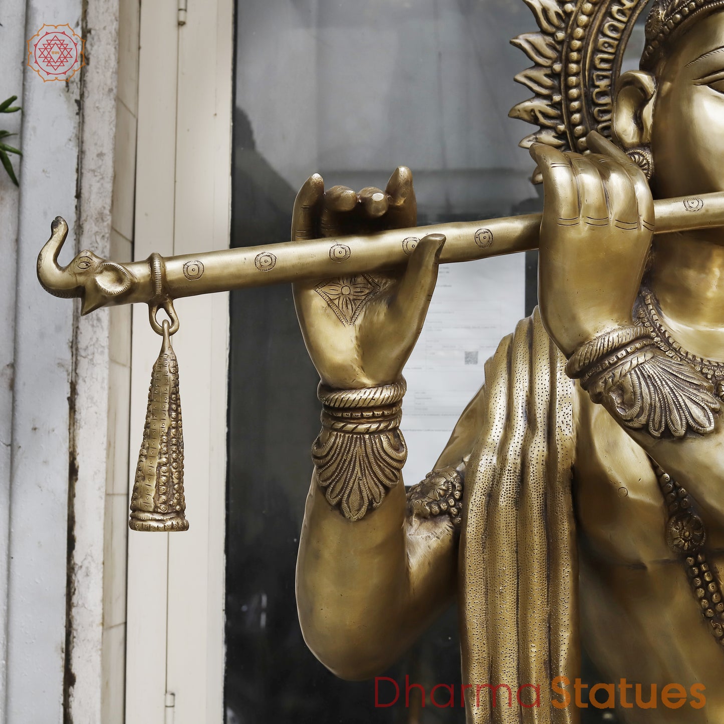 Brass Krishna Playing Flute, Golden Finish, 79"