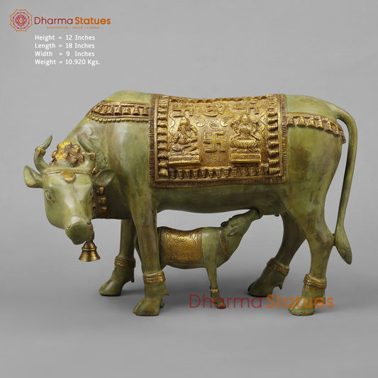 Brass Cow with Calf, Green Patina & Golden Finish, 12"