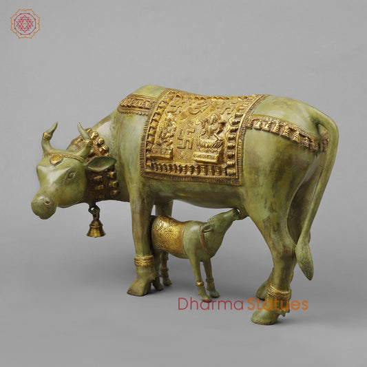 Brass Cow with Calf, Green Patina & Golden Finish, 12"