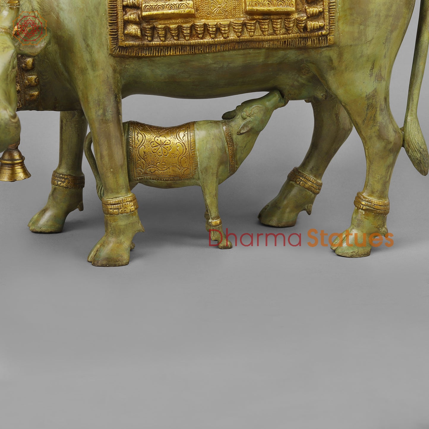 Brass Cow with Calf, Green Patina & Golden Finish, 12"