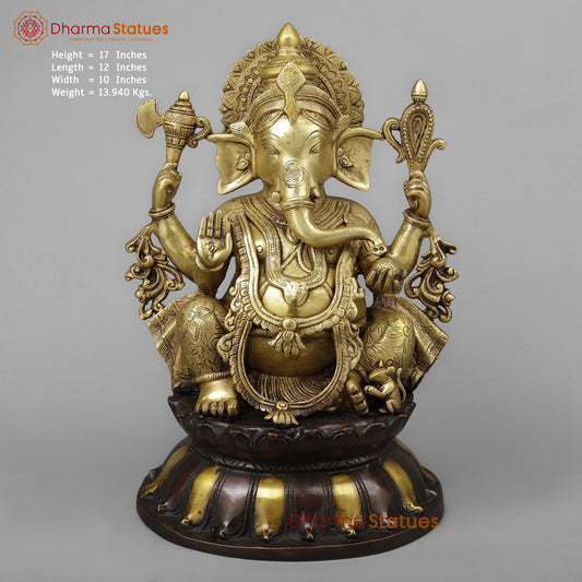 Brass Ganesh in Blessing Posture, Golden & Copper Finish, 17"