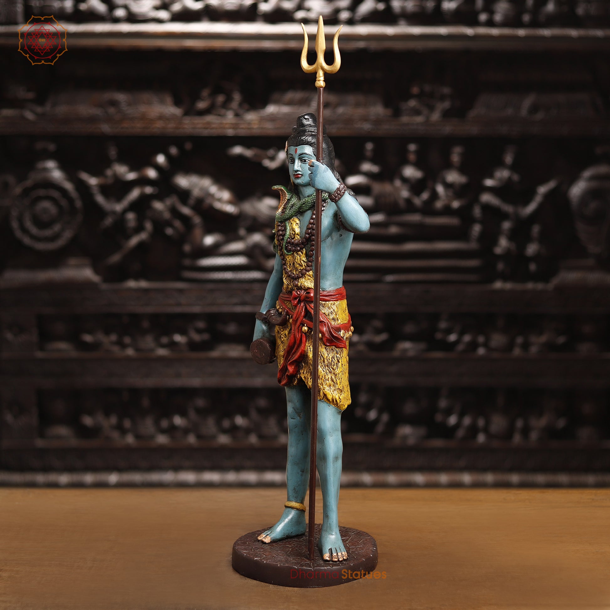 Brass Lord Shiva Statue, Shiva Standing Holding Trident, colorful texture 26" side view